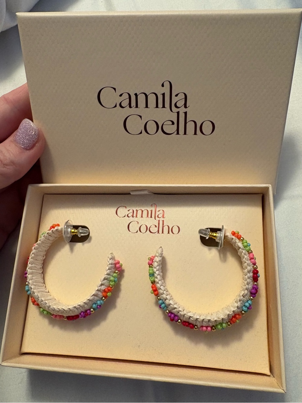 Camila Coelho New in Box Vibrant Cream Raffia Multi-Color Beaded Hoop Earrings